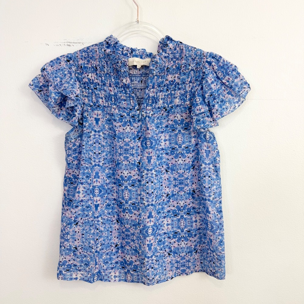 Caballero Blue Floral Smocked Flutter Sleeve Blouse XS